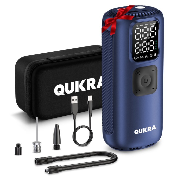 QUIKRA T22 Tire Inflator Portable Air Compressor Air Pump For Car Tires with Digital Pressure Gauge, LED Light and Auto Shut-Off Function - Cordless Pump for Car, Motorcycle, Bicycle, Balls